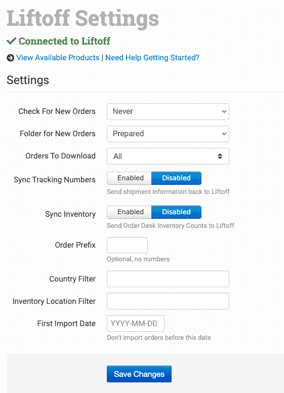 Liftoff integration settings in Order Desk