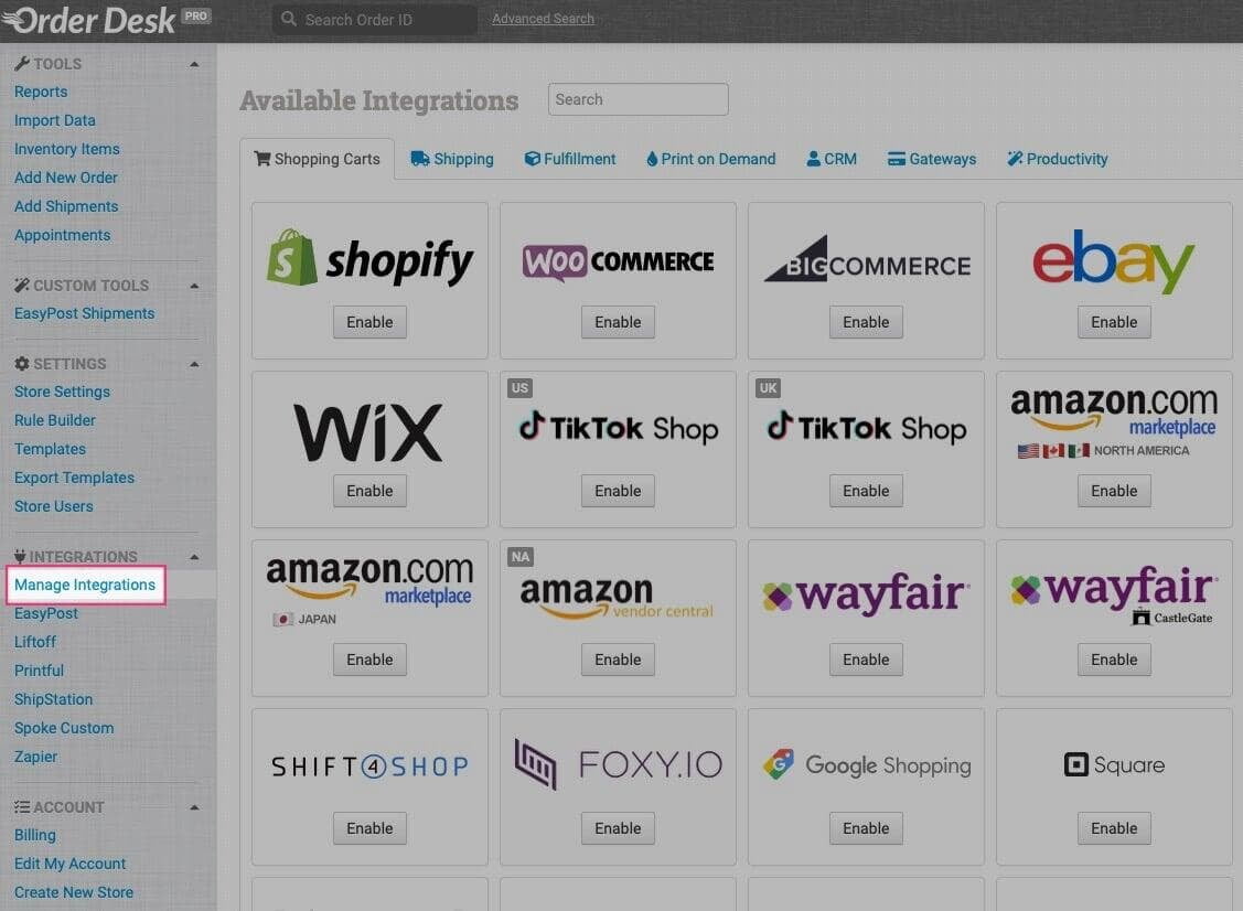 Order Desk Manage Integrations