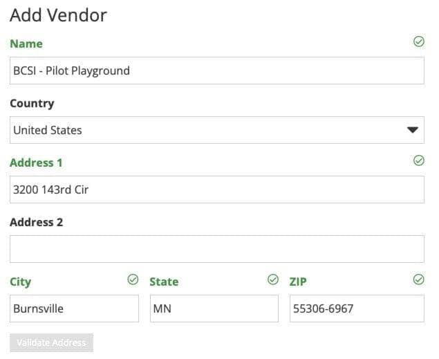 Vendor configuration screen with BCSI address