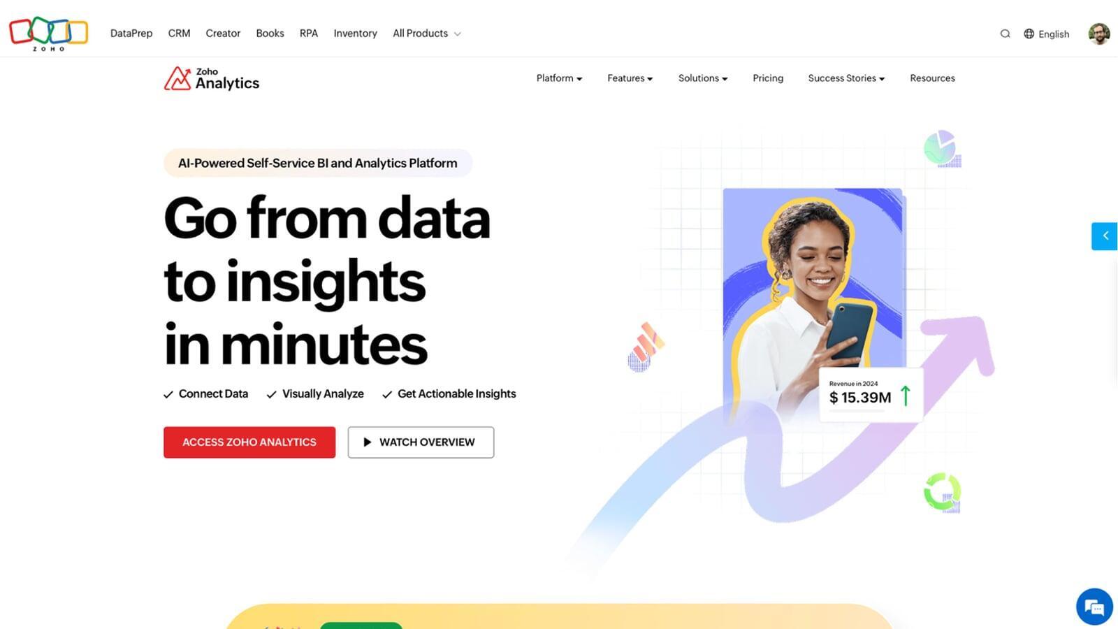 The Zoho Analytics homepage.