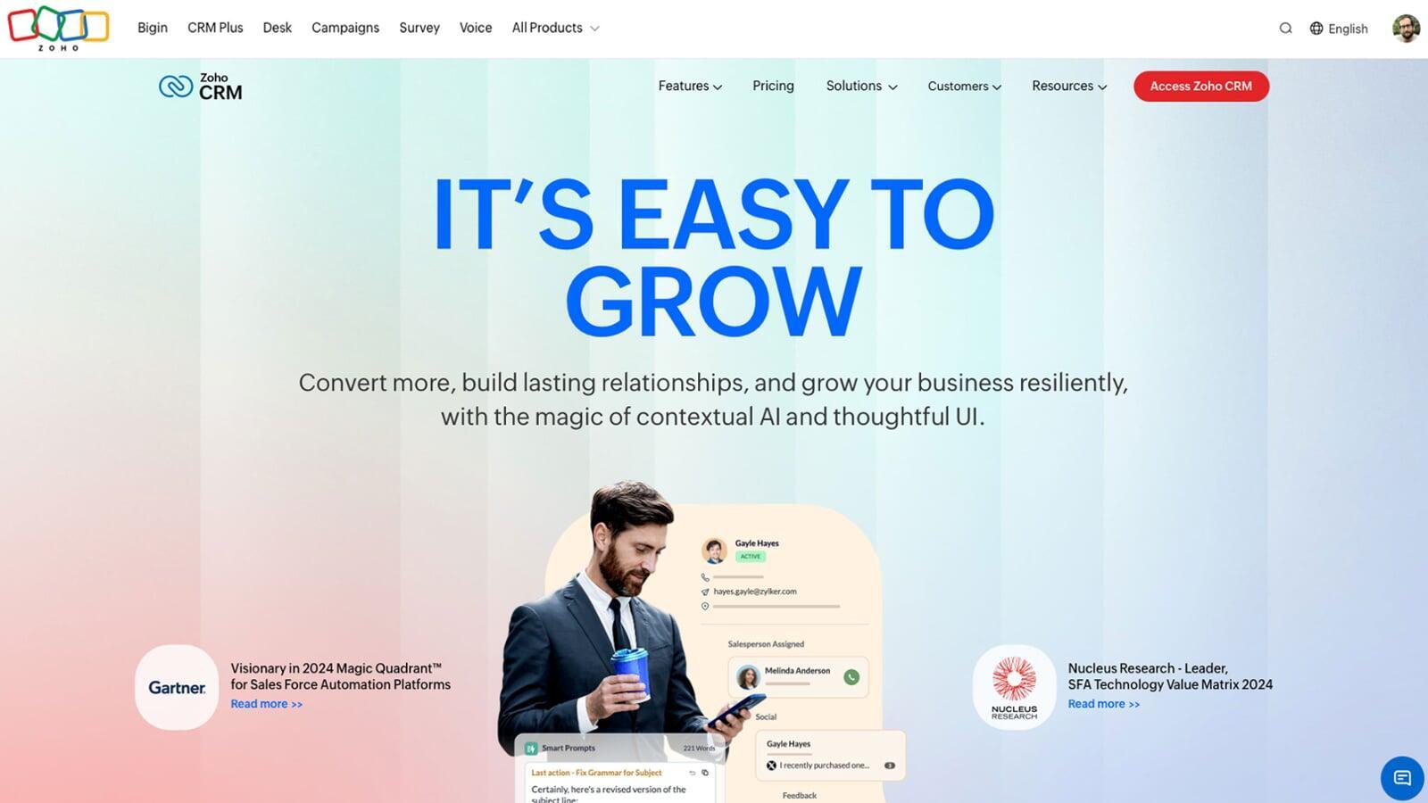 The Zoho CRM homepage.